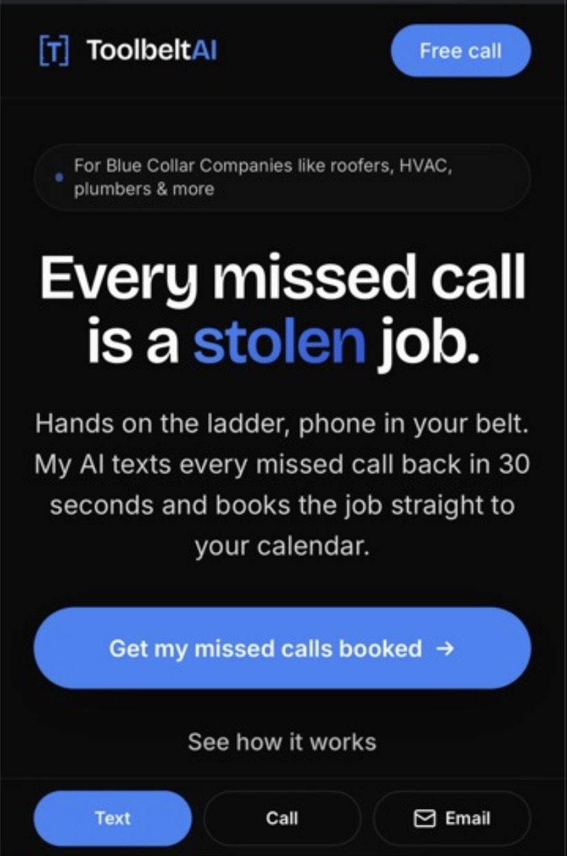 ToolbeltAI, dark landing page and chat assistant for a blue collar AI service