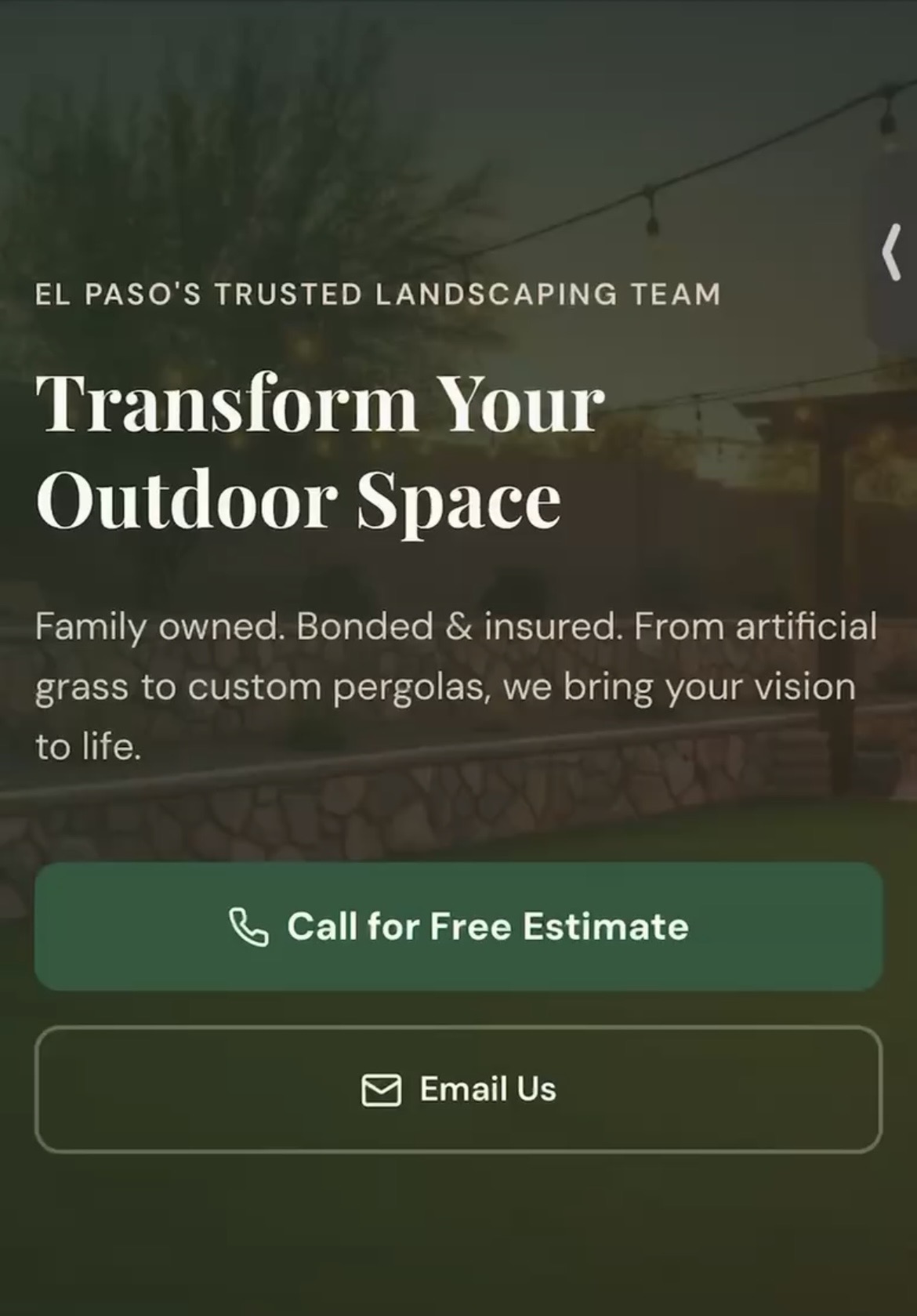 El Paso Landscaping, landscaping site hero with call and email buttons