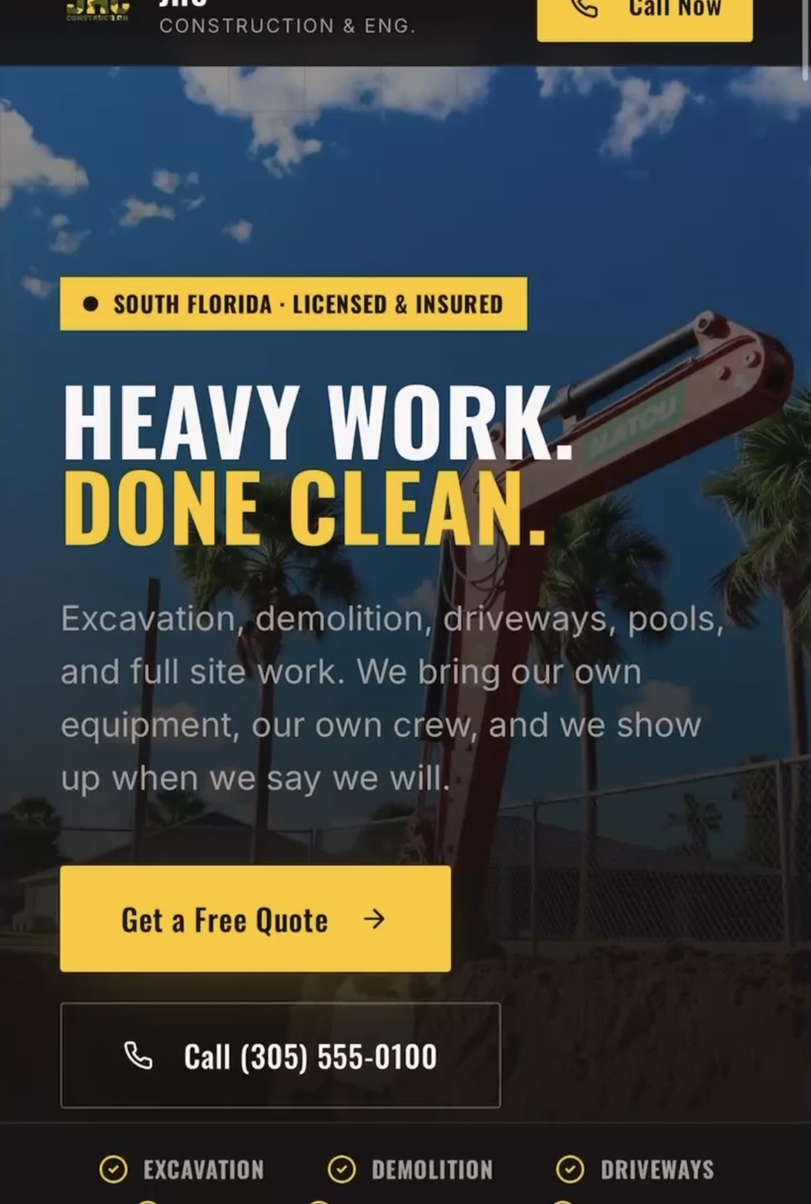 JHC Construction & Eng., excavation company site hero with a free quote button