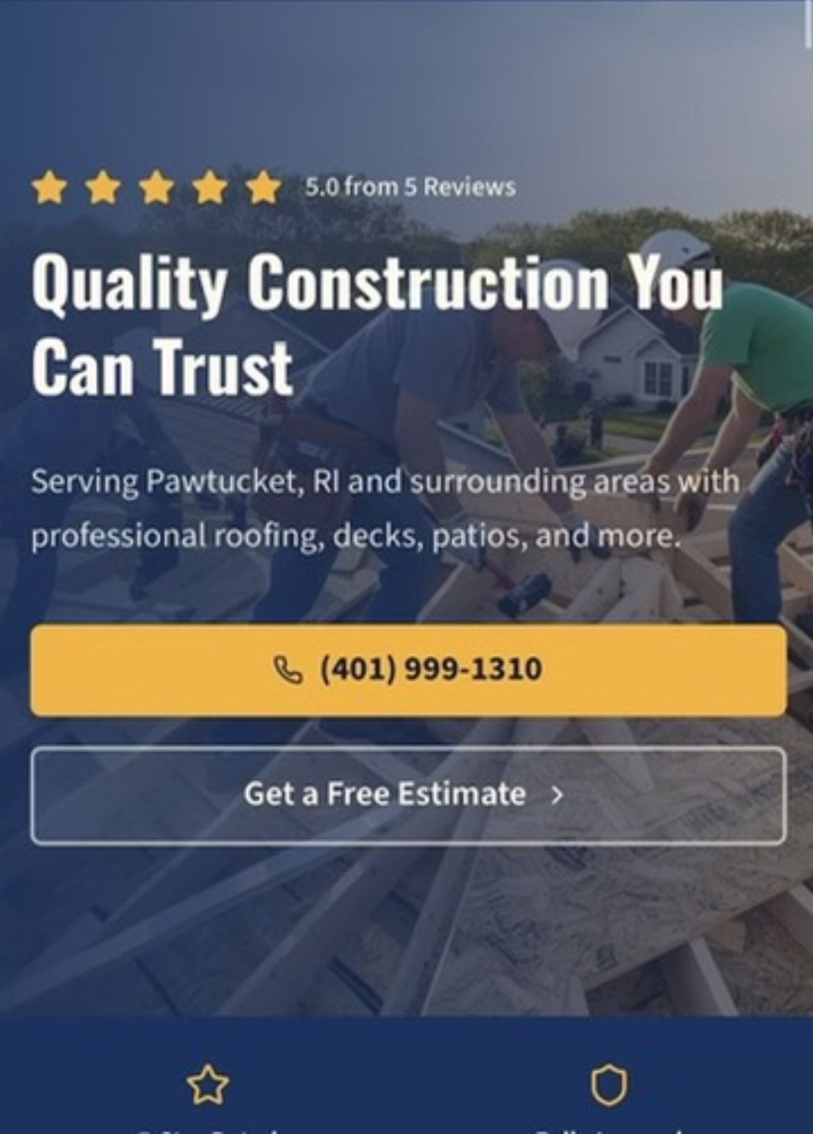 Matt Construction, roofing contractor site hero with reviews and a call button