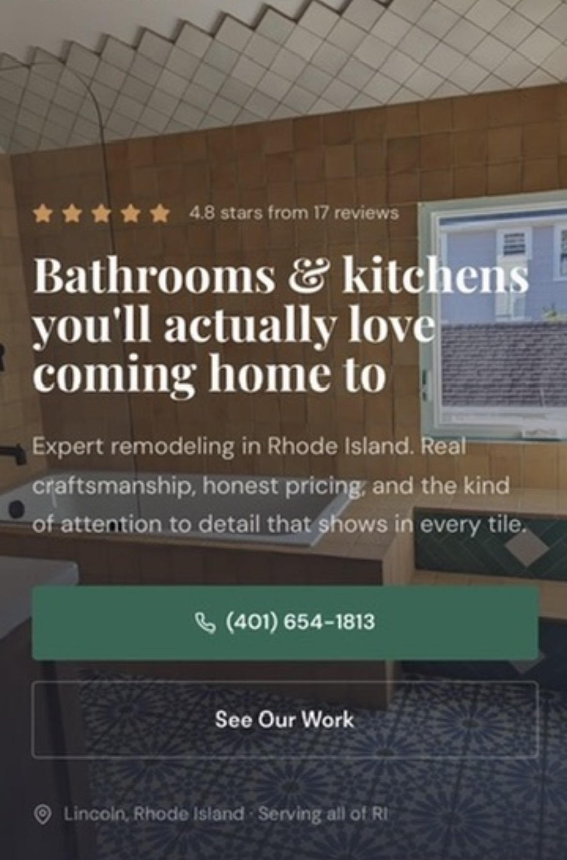 ZMH Construction, remodeling site hero with a phone number button