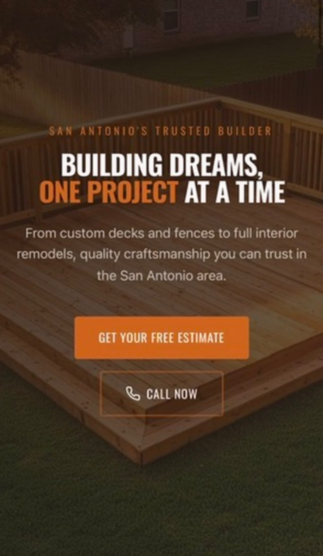 PL Construction, deck builder site hero with a free estimate button